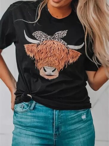 Cow Shirt for Women Funny Animal Graphic Cattle Cowgirl Tshirt Casual Farm Life T-Shirt Short Sleeve Vacation Tops in Saudi Arabia