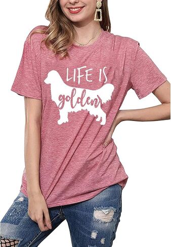تي شيرت Life is Golden للنساء بتصميم لطيف على شكل كلب أمي وأكمام قصيرة كاجوال لهدايا ماما in Kuwait