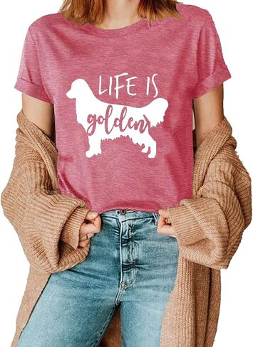 تي شيرت Life is Golden للنساء بتصميم لطيف على شكل كلب أمي وأكمام قصيرة كاجوال لهدايا ماما in Kuwait