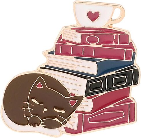 Ficsowy Cute Cat Enamel Pin Book And Coffee Funny Pins Badge for Backpacks Gifts in Kuwait