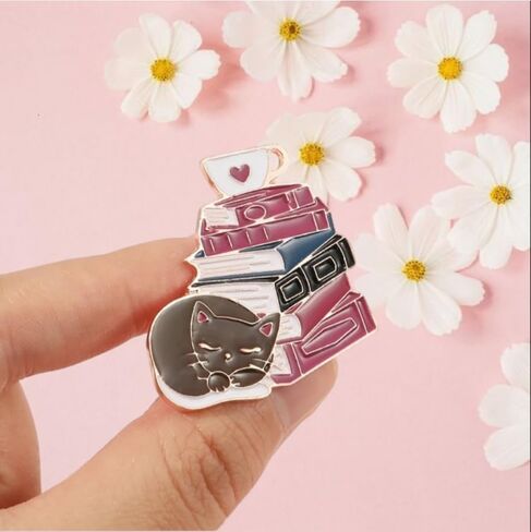 Ficsowy Cute Cat Enamel Pin Book And Coffee Funny Pins Badge for Backpacks Gifts in Kuwait
