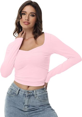 Long Sleeve Crop Top Slim Sexy Ribbed Fitted Cotton Cropped Shirts Women's Sweetheart Neck Basics for Daily Casual Wear in Saudi Arabia