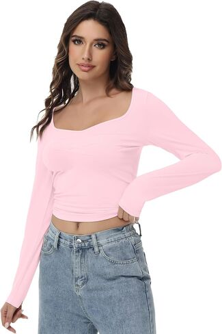Long Sleeve Crop Top Slim Sexy Ribbed Fitted Cotton Cropped Shirts Women's Sweetheart Neck Basics for Daily Casual Wear in Saudi Arabia