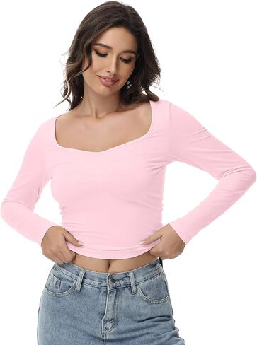 Long Sleeve Crop Top Slim Sexy Ribbed Fitted Cotton Cropped Shirts Women's Sweetheart Neck Basics for Daily Casual Wear in Saudi Arabia