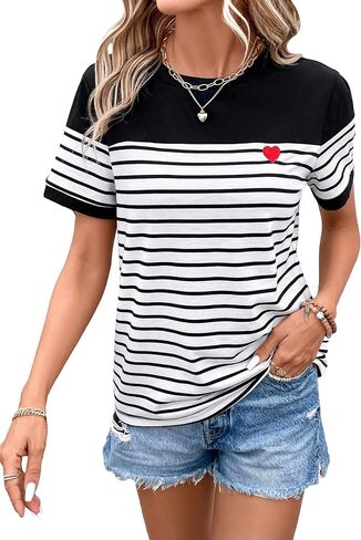 COZYEASE Women's Striped Print Crewneck Short Sleeve Tee Tops Casual Embroidery Solid Summer Tee Shirts in Saudi Arabia