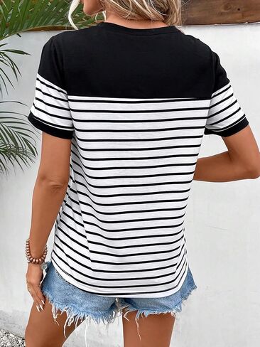 COZYEASE Women's Striped Print Crewneck Short Sleeve Tee Tops Casual Embroidery Solid Summer Tee Shirts in Saudi Arabia