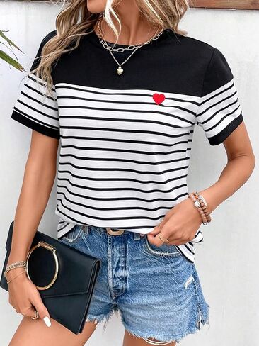 COZYEASE Women's Striped Print Crewneck Short Sleeve Tee Tops Casual Embroidery Solid Summer Tee Shirts in Saudi Arabia