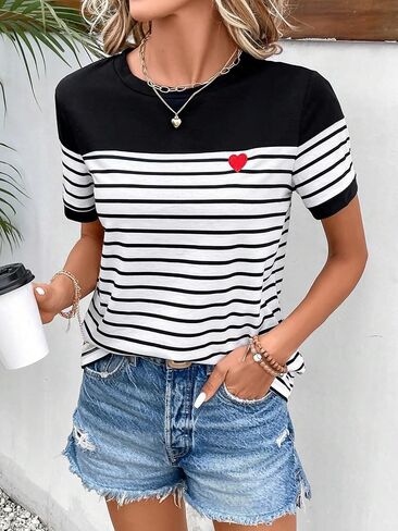 COZYEASE Women's Striped Print Crewneck Short Sleeve Tee Tops Casual Embroidery Solid Summer Tee Shirts in Saudi Arabia