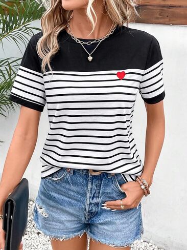 COZYEASE Women's Striped Print Crewneck Short Sleeve Tee Tops Casual Embroidery Solid Summer Tee Shirts in Saudi Arabia