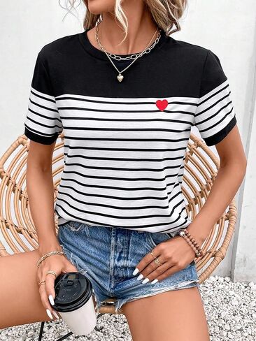 COZYEASE Women's Striped Print Crewneck Short Sleeve Tee Tops Casual Embroidery Solid Summer Tee Shirts in Saudi Arabia