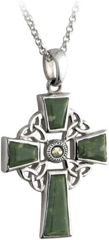 Biddy Murphy Irish Celtic Cross 18" Necklace with Connemara Marble, Trinity Knot Catholic 925 Sterling Silver Pendant, Fine Jewelry Imported Direct from Ireland in Saudi Arabia