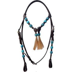 WeavingCraft Western Leather Round Headstall with Natural Hand Braided Turquoise Rawhide Futurity Knot Natural Hair Tassels Bridle -Dark Brown in Kuwait
