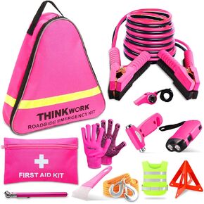 THINKWORK Car Emergency Kit for Teen Girl and Lady's Gifts, Pink Emergency Roadside Assistance kit with 10FT Jumper, First Aid Kit, Safety Hammer, Tow Rope, and More Ideal Pink Car Accessories Tool