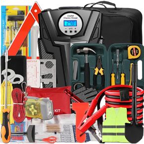 kewen Car Emergency Kit, Roadside Assistance Emergency Car Kit Jumper Cables, Road Trip Essentials, Auto Vehicle Car Safety Kit with Digital Air Compressor Tire Inflator, Reflective Warning Triangle