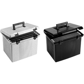 Pendaflex Portable File Box with File Rails, Hinged Lid with Double Latch Closure, Granite, 3 Black Letter Size Hanging Folders Included (41747AMZ)