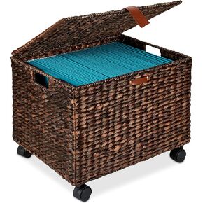 Best Choice Products Water Hyacinth Rolling Filing Cabinet, Woven Mobile Storage Basket, Portable File Organizer for Legal & Letter Size Memos w/Lid, 4 Locking Wheels - Brown