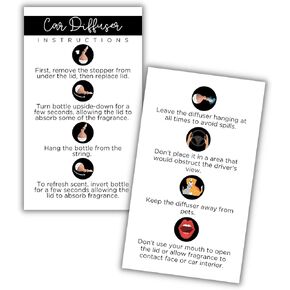 Car Hanging Diffuser Care Card | 50 Pack | Business Card Size 2x3.5 inches | Hanging Reed Oil Diffuser Bottles for Car | Simple Client Instructions
