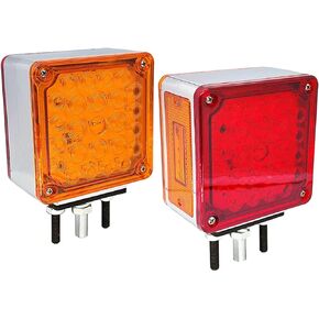 2 PCS Amber/Red Double-Face Pedestal Fender Light with Stud Mount, Square 52 LED Stop Turn Tail Signal Trailer Light for Semi Trucks Peterbilt Kenworth Freightliner Towing Dual-Face Orange Waterproof