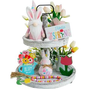 CRCZK Spring Easter Decorations, 6PCS Easter Bunny Gnome Tiered Tray Decor, Plush Bunny, Easter Gnome Plush, Spring Wood Signs, Flower Bead Garland, Easter Farmhouse Kitchen Table Decor