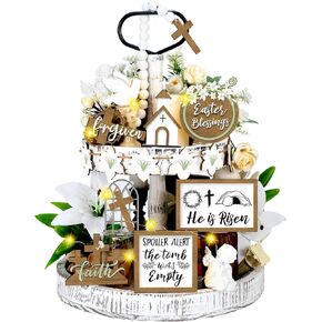 15 Piece St. Patrick's Day Tiered Tray Decor Set Green Shamrock Gnome St. Patrick Day Wood Sign Decorations Rustic Farmhouse Wood Leprechaun Decor with String Lights for Home Party