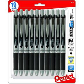 Pentel Energel 0.7 mm RTX Retractable Liquid Gel Pen - Pack of 10 Black Ink Metal Tip - Medium Line - Premium Energel Liquid Gel Ink Pens 0.7 mm - Great for Office, School & Home for Women & Men