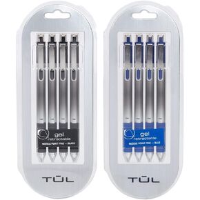TUL Retractable Gel Pens 0.5mm Needle Point Fine, Black/Blue Bundle (2 4-packs)