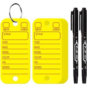 200 Pcs PVC Tags with Labels and Rings, Car Key Tags for Organization, Identifiers, and Luggage Tags with 2 Pcs Markers, Plastic Keychain Tags for Car, Truck, and Dealer Use (Yellow)