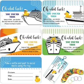 100 Sets Duck Duck Tags Ducking Game Card Cruise Duck Tags Cruising Tags 2 x 3.5 Inches Double Sided Duck Tags with Hole and Rubber Bands for Halloween Christmas Party Favor, 4 Styles
