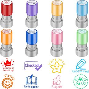 Leinuosen 8 Pack Teacher Stamps Self Inking Stamp Colorful Set for Teacher Grading Motivation Parent Signature Homework Picture Supplies