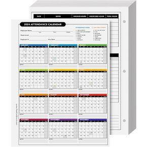 2024 Attendance Calendar Card Stock Paper – Great Employee Work Tracker | Bright & Colorful, Printed on Durable & Thick 80lb Cover (216gsm) Cardstock | 3 Hole Punched | 8.5 x 11" | 25 Sheets per Pack