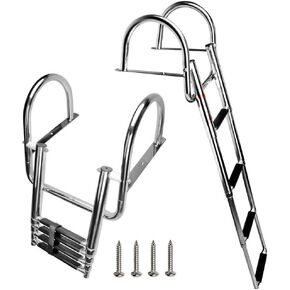 FUTURUP 4 Steps Pontoon Boat Ladder, Stainless Steel Folding Telescoping Rear Entry Inboard Ladder Heavy Duty Custom Swim Deck Ladder with Pedal Hand Railing Ladder