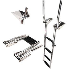 Stainless Steel in-Board 4 Steps Telescoping Ladder Folding Dock Ladder for Marine Boat Yacht Swimming Pool 600lbs Capacity with L Handrails