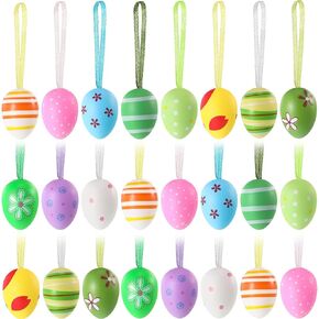 24 Pieces Random Style Easter Hanging Eggs Colorful Easter Eggs Hand Painted Hanging Ornaments for Home Party Decorations, Random Style