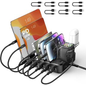 Charging Station for Multiple Devices,75W 6 Port Charger Station with 3 PD 20W USB C Fast Charging Ports,7 Charging Cables,USB C Charging Dock for iPhone iPad,Tablets Android