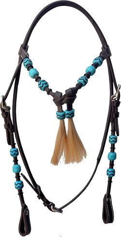 WeavingCraft Western Leather Round Headstall with Natural Hand Braided Turquoise Rawhide Futurity Knot Natural Hair Tassels Bridle -Dark Brown in Kuwait