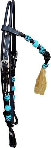WeavingCraft Western Leather Round Headstall with Natural Hand Braided Turquoise Rawhide Futurity Knot Natural Hair Tassels Bridle -Dark Brown in Kuwait