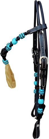 WeavingCraft Western Leather Round Headstall with Natural Hand Braided Turquoise Rawhide Futurity Knot Natural Hair Tassels Bridle -Dark Brown in Kuwait