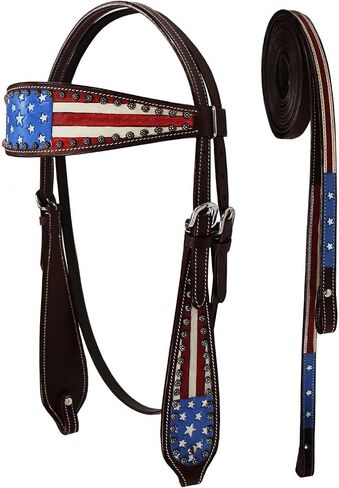 Tahoe Tack Patriotic Hand Painted American Flag Western Browband Headstall with Matching Reins in Kuwait