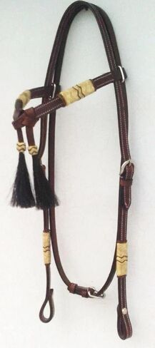 Brown Leather Western Headstall Bridle Hand Braided Natural and Brown Rawhide Knotting Futurity Knot Black Color Hair Tassels- in Saudi Arabia