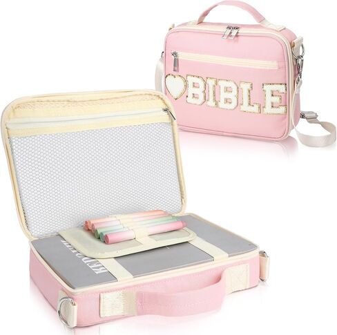 Silkfly Large Chenille Letter Bible Cover for Women Preppy Patch Bible Case Church Bag with Handle(Pink) in Kuwait