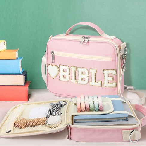 Silkfly Large Chenille Letter Bible Cover for Women Preppy Patch Bible Case Church Bag with Handle(Pink) in Kuwait