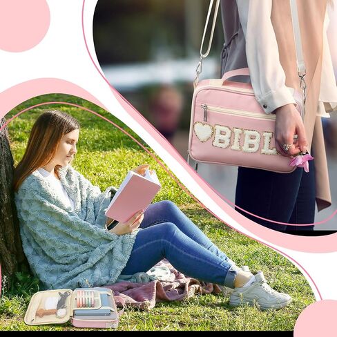 Silkfly Large Chenille Letter Bible Cover for Women Preppy Patch Bible Case Church Bag with Handle(Pink) in Kuwait