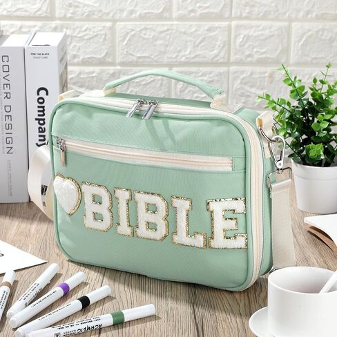 Silkfly Large Chenille Letter Bible Cover for Women Preppy Patch Bible Case Church Bag with Handle(Pink) in Kuwait