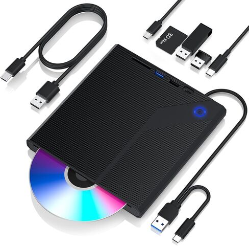 محرك أقراص CD/DVD خارجي لأجهزة الكمبيوتر المحمول، 5 في 1 USB 3.0 مشغل كتم الصوت المحمول CD/DVD، ناسخ أقراص DVD من نوع فتحة ROM، محرك أقراص خارجي مع كمبيوتر مكتبي للكمبيوتر المحمول MacBook Mac لنظام التشغيل Windows (أسود) in Saudi Arabia