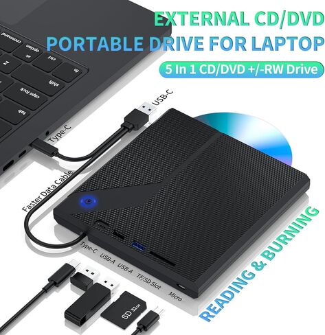 محرك أقراص CD/DVD خارجي لأجهزة الكمبيوتر المحمول، 5 في 1 USB 3.0 مشغل كتم الصوت المحمول CD/DVD، ناسخ أقراص DVD من نوع فتحة ROM، محرك أقراص خارجي مع كمبيوتر مكتبي للكمبيوتر المحمول MacBook Mac لنظام التشغيل Windows (أسود) in Saudi Arabia