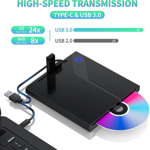 محرك أقراص CD/DVD خارجي لأجهزة الكمبيوتر المحمول، 5 في 1 USB 3.0 مشغل كتم الصوت المحمول CD/DVD، ناسخ أقراص DVD من نوع فتحة ROM، محرك أقراص خارجي مع كمبيوتر مكتبي للكمبيوتر المحمول MacBook Mac لنظام التشغيل Windows (أسود) in Saudi Arabia