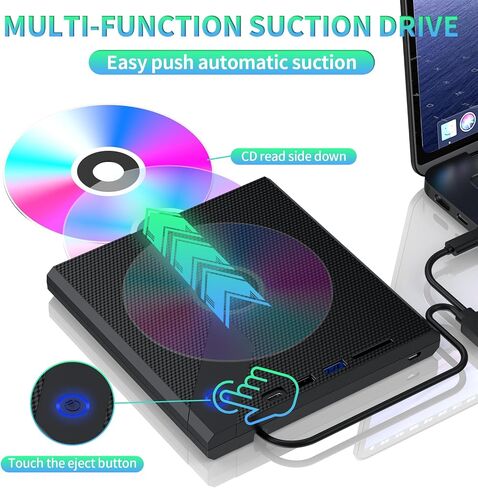 محرك أقراص CD/DVD خارجي لأجهزة الكمبيوتر المحمول، 5 في 1 USB 3.0 مشغل كتم الصوت المحمول CD/DVD، ناسخ أقراص DVD من نوع فتحة ROM، محرك أقراص خارجي مع كمبيوتر مكتبي للكمبيوتر المحمول MacBook Mac لنظام التشغيل Windows (أسود) in Saudi Arabia