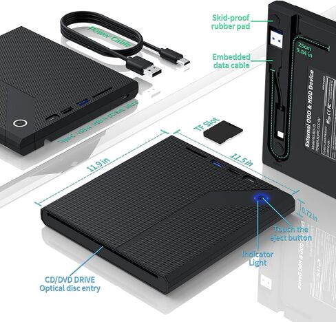محرك أقراص CD/DVD خارجي لأجهزة الكمبيوتر المحمول، 5 في 1 USB 3.0 مشغل كتم الصوت المحمول CD/DVD، ناسخ أقراص DVD من نوع فتحة ROM، محرك أقراص خارجي مع كمبيوتر مكتبي للكمبيوتر المحمول MacBook Mac لنظام التشغيل Windows (أسود) in Saudi Arabia