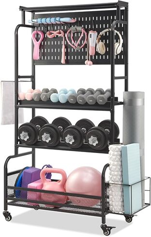 Lauren&Harold Large Dumbbell Rack Weight Rack, Home Gym Storage Rack for Dumbbells Kettlebells Yoga Mat, Weight Rack Stand for Dumbbells, All in One Workout Equipment Storage with Wheels and Hooks in Kuwait