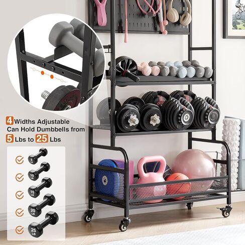 Lauren&Harold Large Dumbbell Rack Weight Rack, Home Gym Storage Rack for Dumbbells Kettlebells Yoga Mat, Weight Rack Stand for Dumbbells, All in One Workout Equipment Storage with Wheels and Hooks in Kuwait